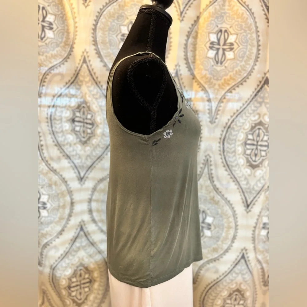 American Eagle Outfitters Olive Tank Top with Floral Embroidery